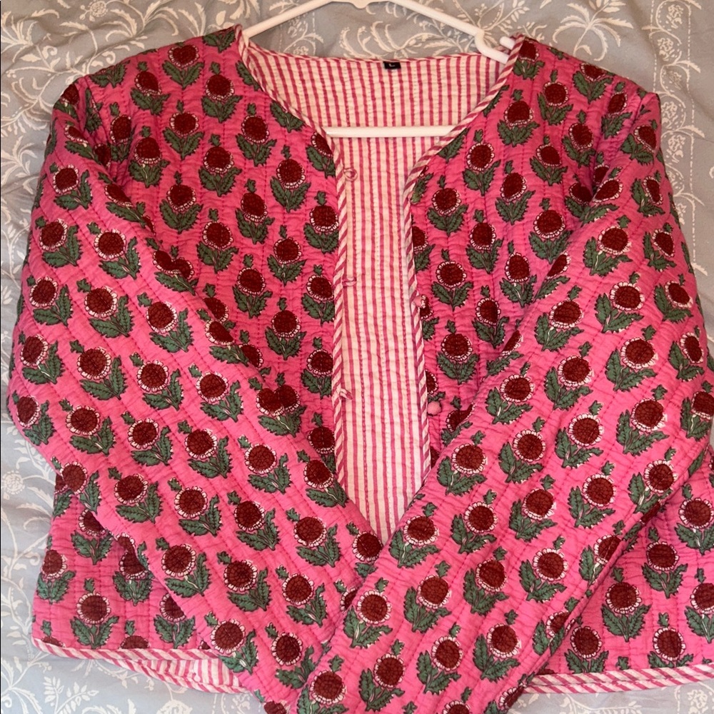 Pink Floral Quilted Jacket with Green Accents